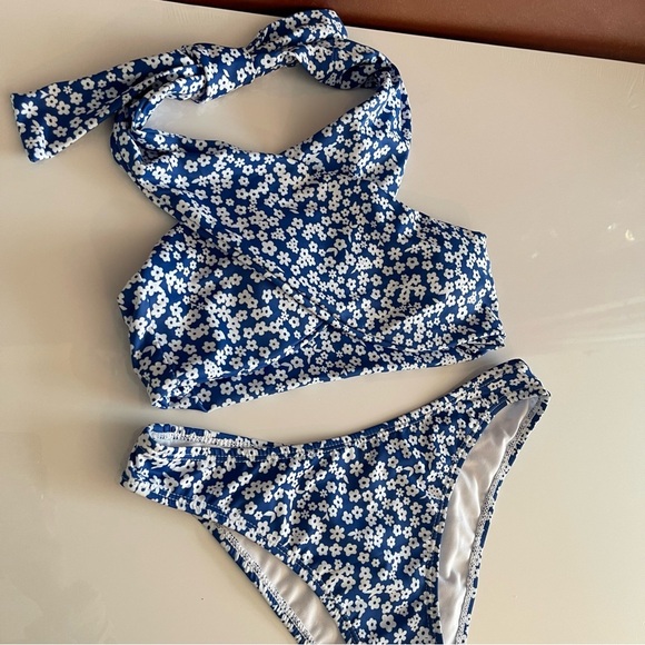 Halter Wrap Bikini Swim Top Cheeky High Waist Bikini Bottoms SET Blue M - Picture 16 of 17